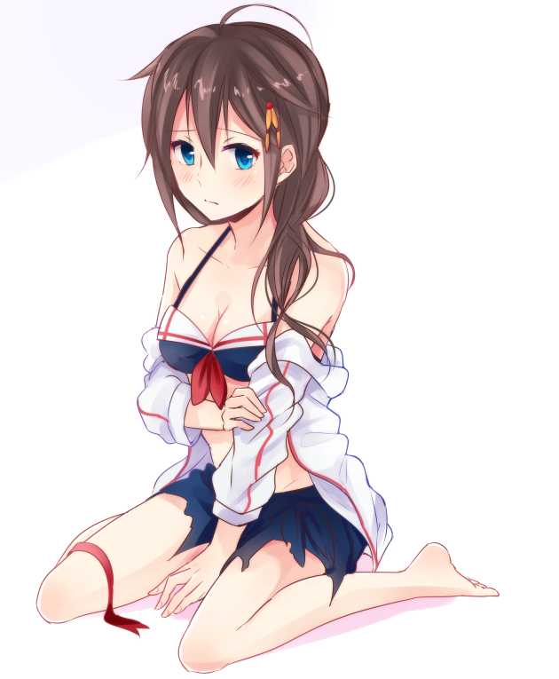 1girl, adapted_costume, ahoge, barefoot, blue_eyes, braid, brown_hair, cowboy_shot