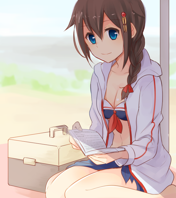 1girl, alternate_costume, beach, blue_eyes, book, braid, breasts, brown_hair