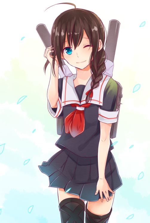 1girl, ahoge, blue_eyes, blue_sky, braid, brown_hair, cannon, clouds
