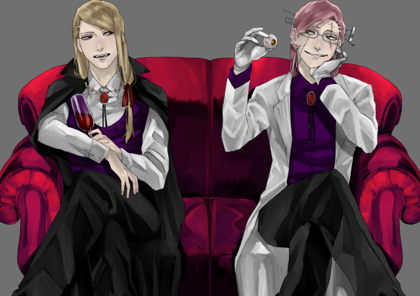 2boys, agatsumaattsu, alternate_costume, bleach, blonde_hair, cape, couch, cup