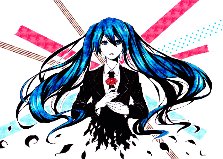 1girl, agatsumaattsu, blue_hair, dissolving, flower, formal, hatsune_miku, holding, long_hair, looking_at_viewer, necktie, parted_lips, saihate_(vocaloid), solo, very_long_hair, vocaloid