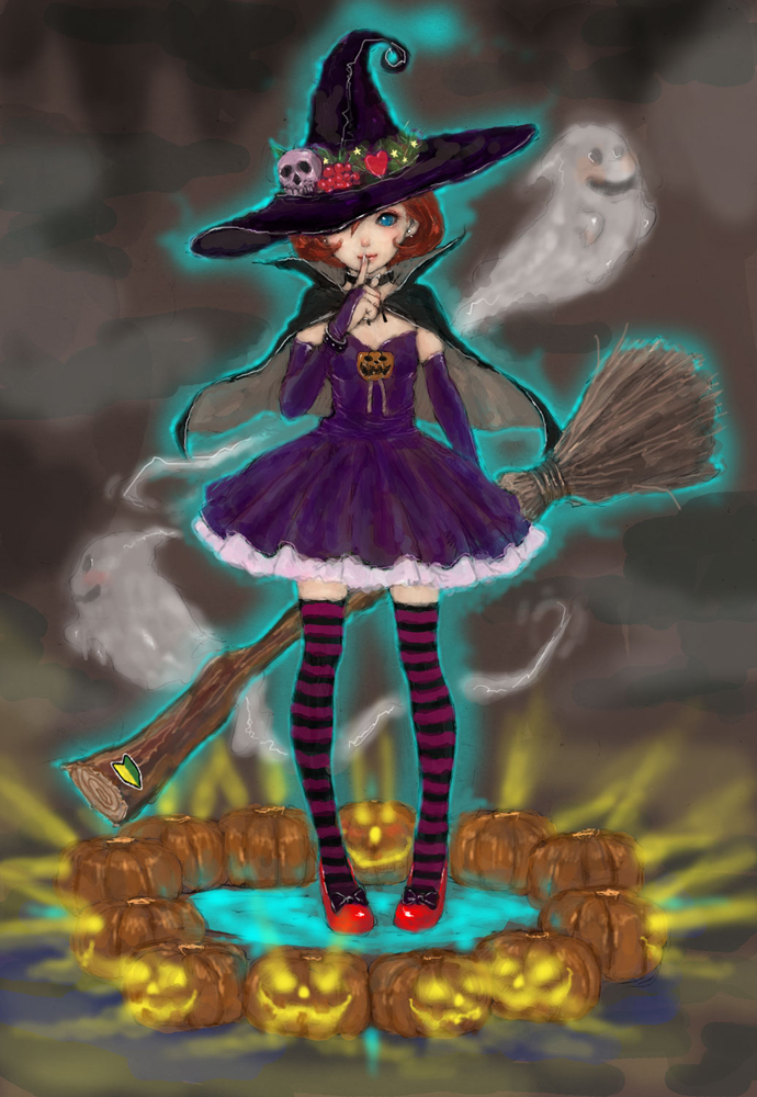 bad_id, blue_eyes, broom, broomstick, halloween, hat, pon, purple_legwear
