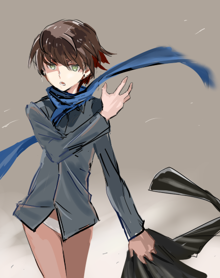1girl, blue_scarf, brown_hair, green_eyes, homaredai, long_sleeves, open_mouth, panties, scarf, short_hair, solo, strike_witches, underwear, waltraud_nowotny, white_panties