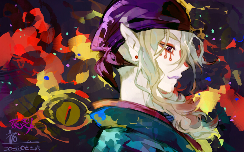 1boy, bandana, blonde_hair, earrings, facepaint, japanese_clothes, jewelry, kusuriuri_(mononoke)