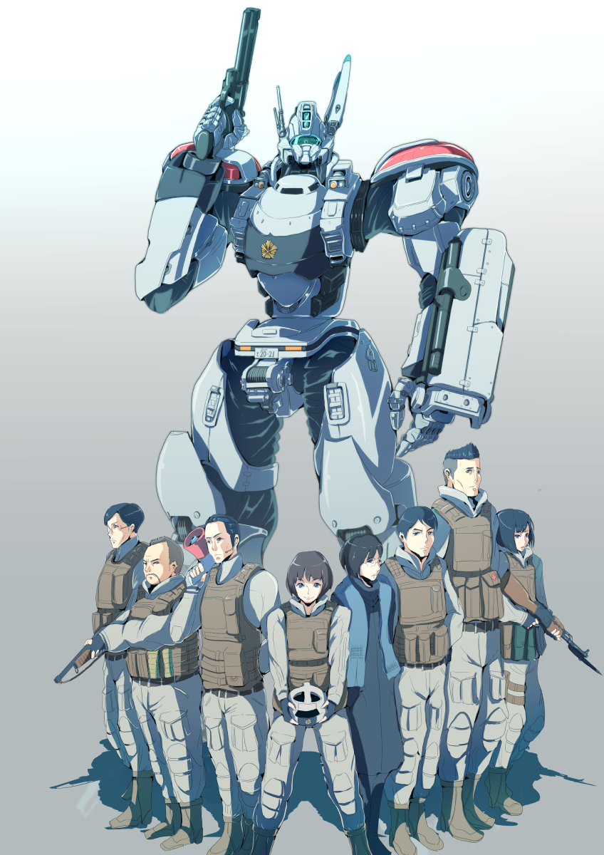 3girls, 5boys, arms_behind_back, boots, commentary_request, crossed_arms, gun, height_difference