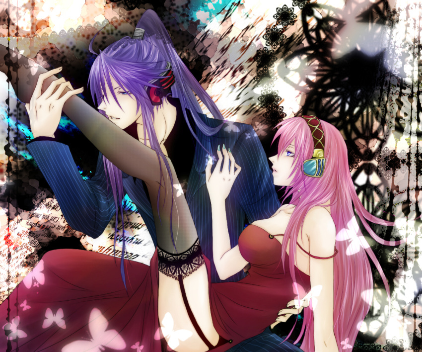 black_legwear, blue_eyes, dress, garters, headphones, holding, kamui_gakupo, lace