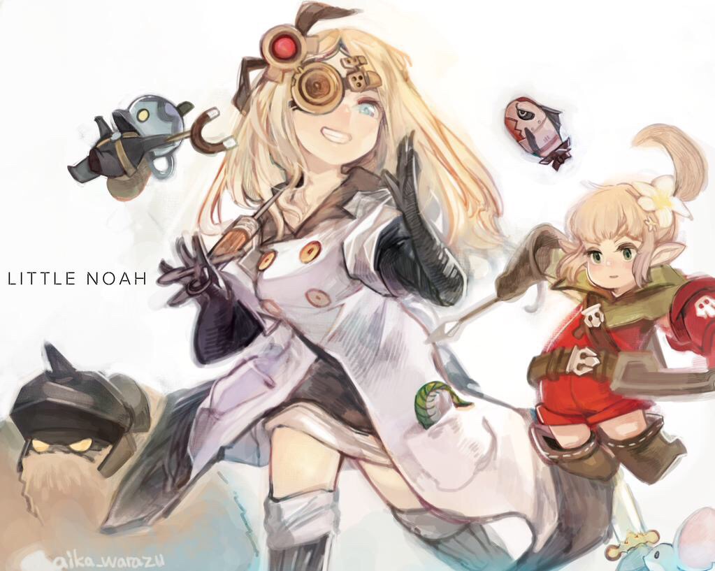 2girls, aika_warazu, artist_name, black_gloves, blonde_hair, blue_eyes, boots, character_request, copyright_name, eyepatch, gloves, hair_ornament, little_noah, long_hair, multiple_girls, noah_(little_noah), side_ponytail, thigh-highs, thigh_boots