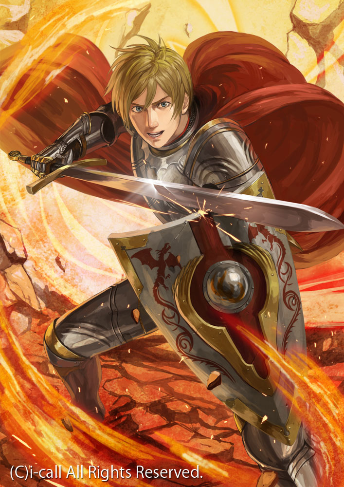 1boy, armor, bahamut_greed, blonde_hair, cape, gauntlets, greaves, knight, lancergrow, official_art, original, shield, solo, sword, watermark, weapon