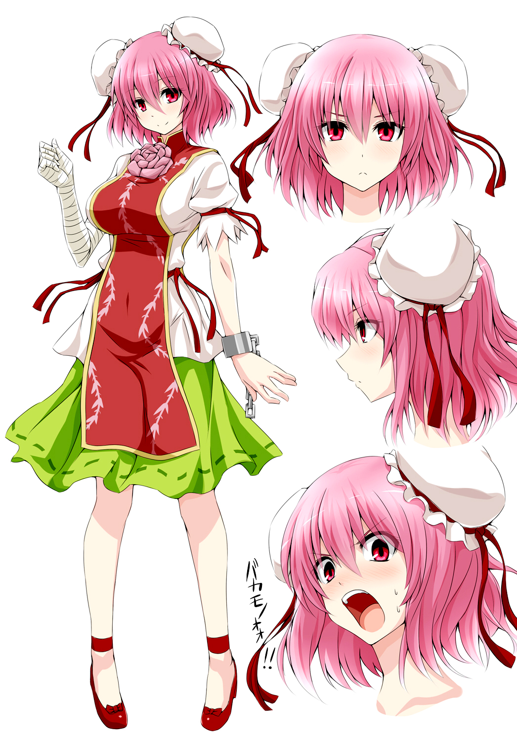 1girl, angry, bandages, blush, bun_covers, cuffs, double_bun, face