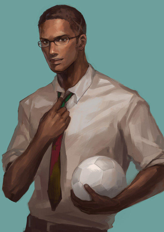 1boy, axis_powers_hetalia, ball, belt, black_hair, cameroon_(hetalia), dark_skin, glasses