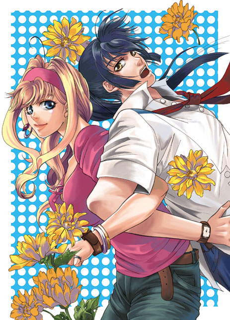 1girl, belt, blonde_hair, blue_eyes, blue_hair, bracelet, brown_eyes, couple