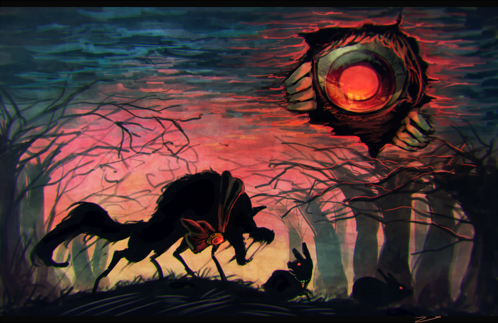 animalization, carrot_necklace, dark, eyes, hands, imaizumi_kagerou, imaizumi_kagerou_(wolf), inaba_tewi_(bunny)