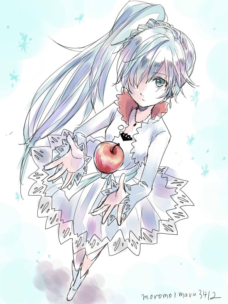 1girl, apple, blue_eyes, dress, food, fruit, hair_over_one_eye, long_hair