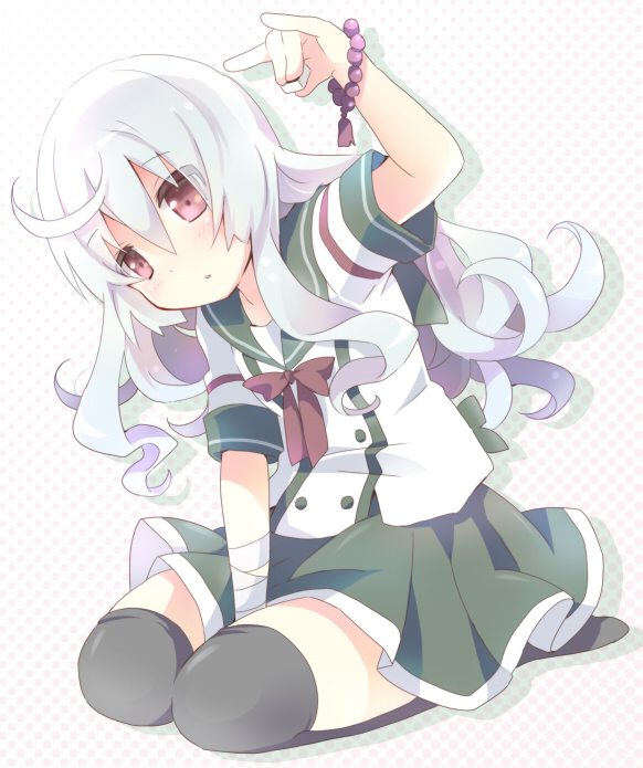 bandages, between_legs, hand_between_legs, neneko-n, original, red_eyes, school_uniform, seiza, sitting, thigh-highs, white_hair, zettai_ryouiki