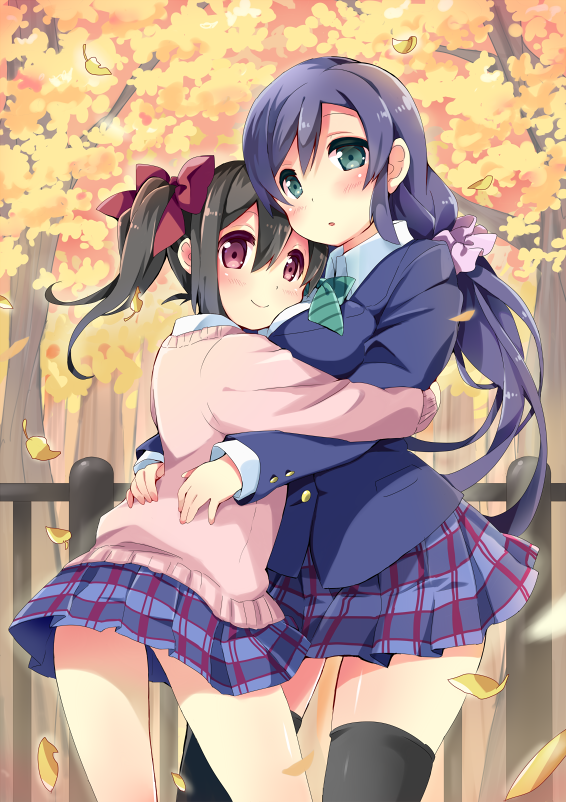 2girls, asymmetrical_docking, blazer, breast_press, cardigan, fence, hug, leaf, love_live!_school_idol_project, multiple_girls, neneko-n, ribbon, school_uniform, shiny, shiny_skin, thigh-highs, toujou_nozomi, tree, uniform, yazawa_nico, yuri, zettai_ryouiki