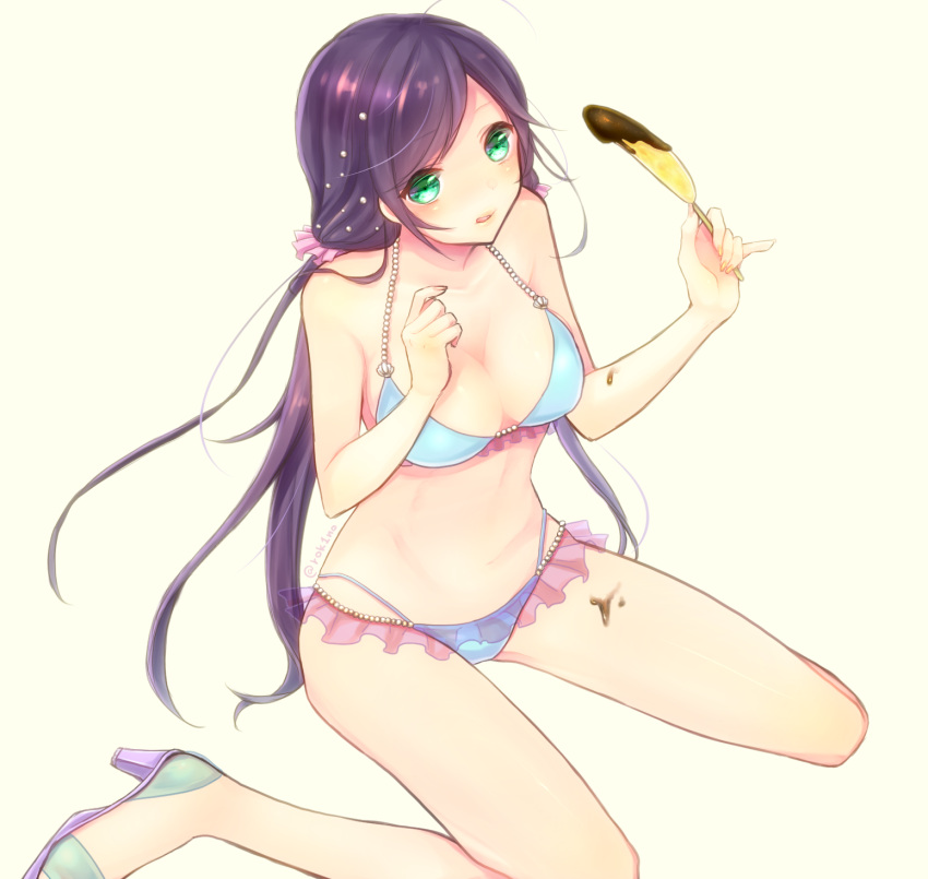 1girl, akatsuki_rokino, bikini, chocolate_banana, green_eyes, highres, long_hair, love_live!_school_idol_project