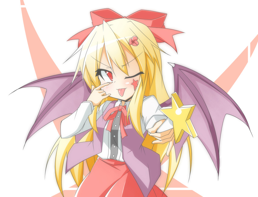 akanbe, bat_wings, blonde_hair, cop_(shokkidana), cowboy_shot, dress_shirt, elis_(touhou), facial_mark, hair_ornament, hair_ribbon, highres, long_hair, long_sleeves, looking_at_viewer, one_eye_closed, open_clothes, open_vest, red_eyes, ribbon, shirt, simple_background, skirt, star, tongue, tongue_out, touhou, touhou_(pc-98), vest, wand, white_background, wings