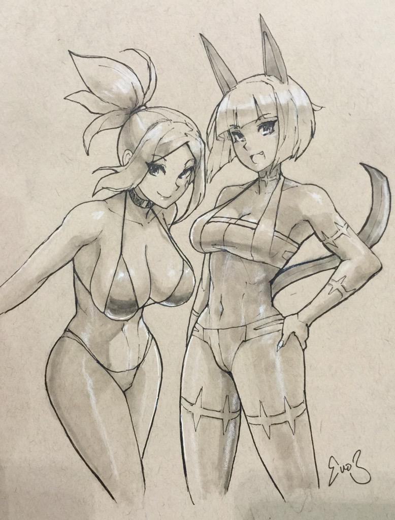 2girls, animal_ears, bangs, bikini, bob_cut, breasts, cat_ears, cat_tail, cerebella_(skullgirls), choker, cleavage, commentary, cowboy_shot, cropped_legs, dark_skin, eu03, facial_tattoo, fang, halterneck, hand_on_hip, havel, large_breasts, long_hair, marker_(medium), ms._fortune_(skullgirls), multiple_girls, parted_bangs, ponytail, scar, short_hair, sideboob, sketch, skullgirls, strap_gap, swimsuit, tail, tattoo, traditional_media