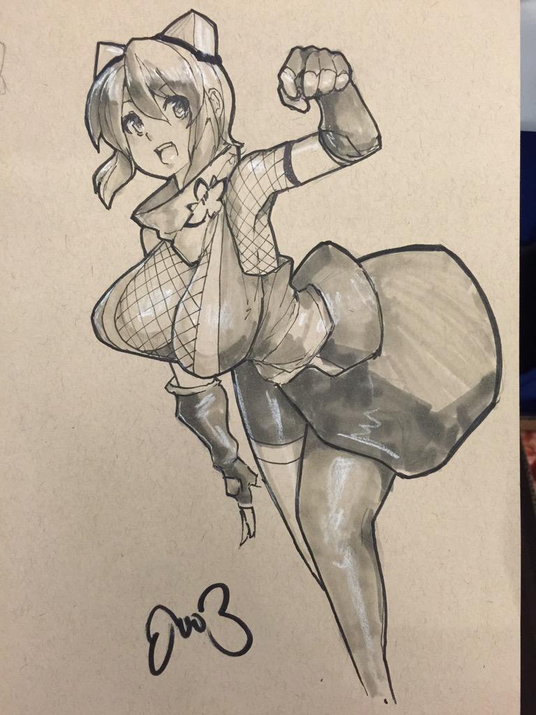 1girl, breasts, cleavage, commentary, elbow_gloves, eu03, fingerless_gloves, fishnets