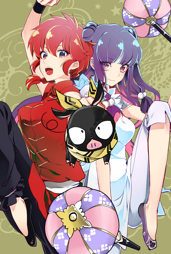 1boy, 2girls, chinese_clothes, double_bun, komenama, long_hair, multiple_girls, p-chan