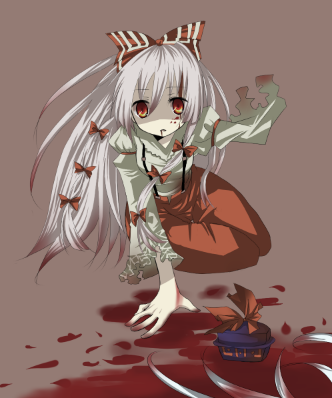 blood, death, fujiwara_no_mokou, kamishirasawa_keine, kuzumiya_yuyu, lowres, red_eyes, ribbon