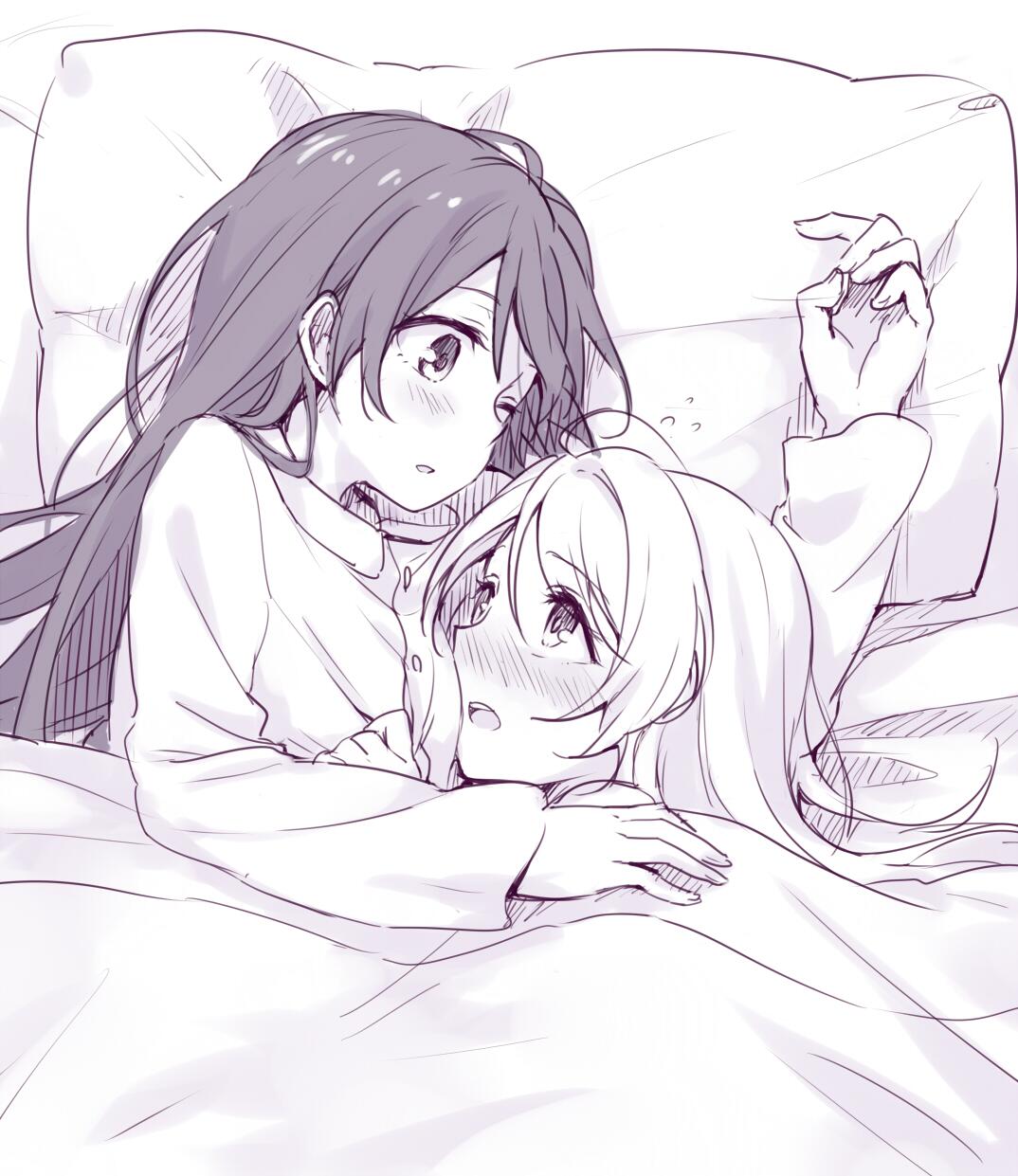 2girls, ayase_eli, bed, blush, highres, long_hair, love_live!_school_idol_project, monochrome