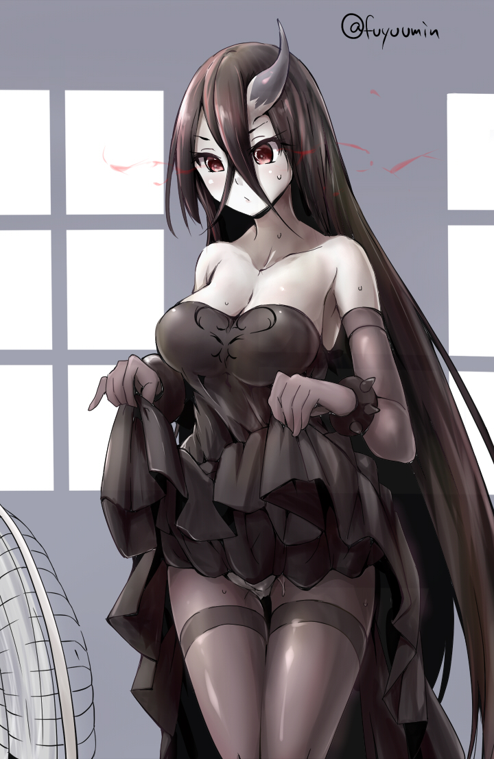 1girl, bare_shoulders, battleship_water_oni, black_dress, black_gloves, black_hair, black_legwear, breasts