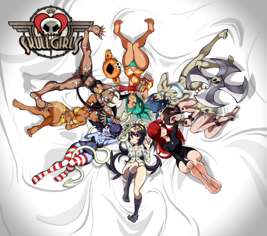6+girls, ;), barefoot, bed_sheet, black_panties, blue_skin, breasts, cerebella_(skullgirls)