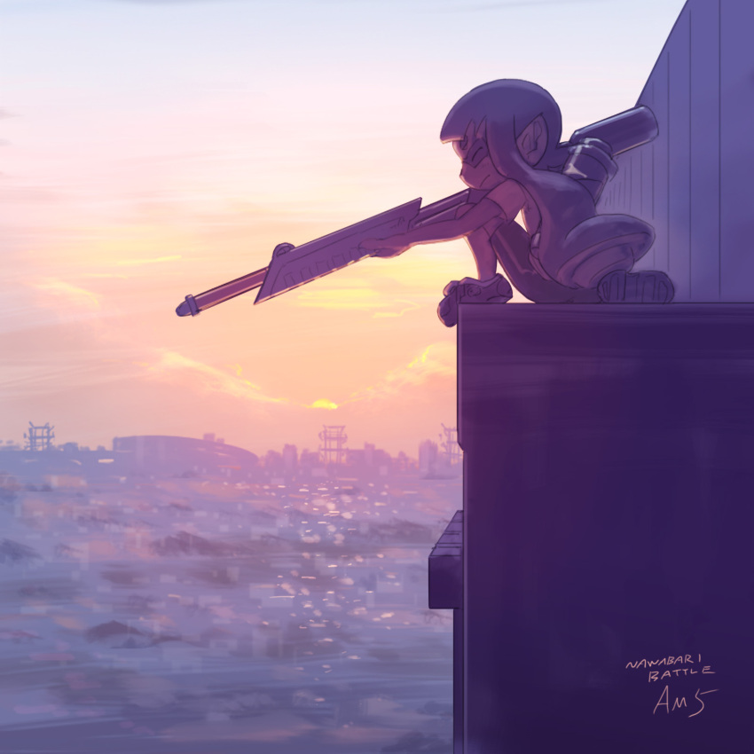 city, closed_eyes, gun, highres, inkling, kabeu_mariko, kneeling, rifle, sniping, splatoon, sunset, weapon