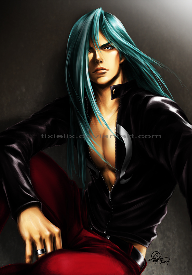 1boy, abs, aqua_hair, belt, blue_eyes, hair_between_eyes, hair_over_one_eye, jacket