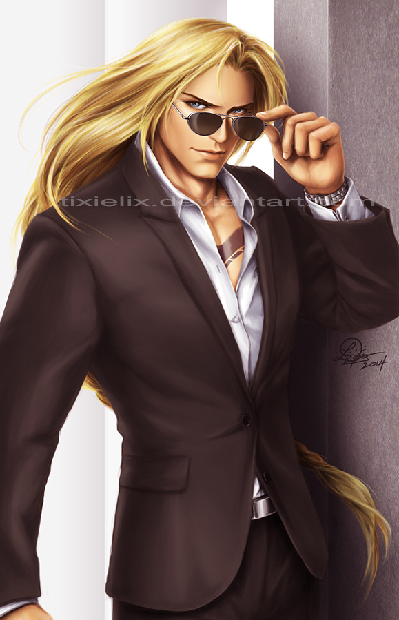 1boy, adjusting_sunglasses, alternate_costume, balrog, blonde_hair, blue_eyes, braid, formal