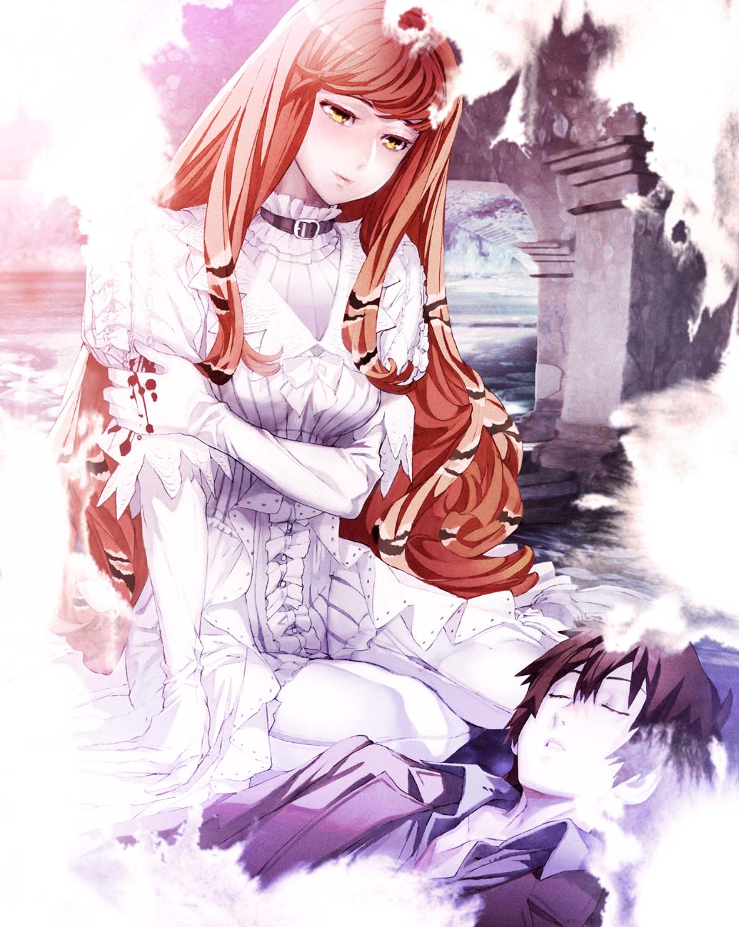 1boy, 1girl, black_hair, brown_hair, closed_eyes, colio_tonies, dress, highres, long_hair, maeshima_shigeki, orange_eyes, shiron_byacornise, tatakau_shisho