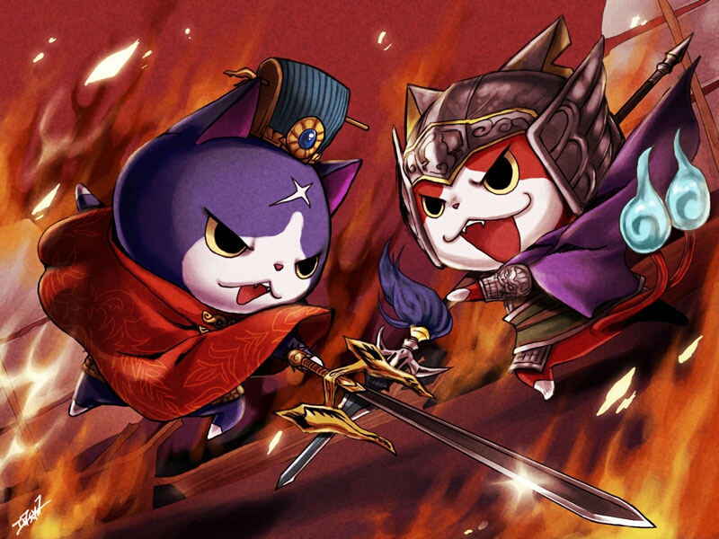 cao_cao, cao_cao_(cosplay), cat, fuyunyan, helmet, jibanyan, no_humans, open_mouth, polearm, romance_of_the_three_kingdoms, sangoku_musou, scar, shiranami_(kominato), sword, weapon, youkai, youkai_sangokushi, youkai_watch, zhao_yun, zhao_yun_(cosplay)