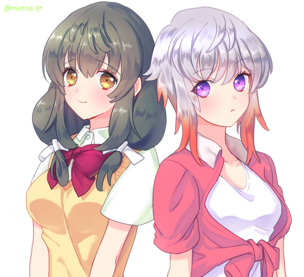 2girls, aquarion_(series), aquarion_logos, black_hair, cardigan, jacket, kikogami_kokone, multicolored_hair
