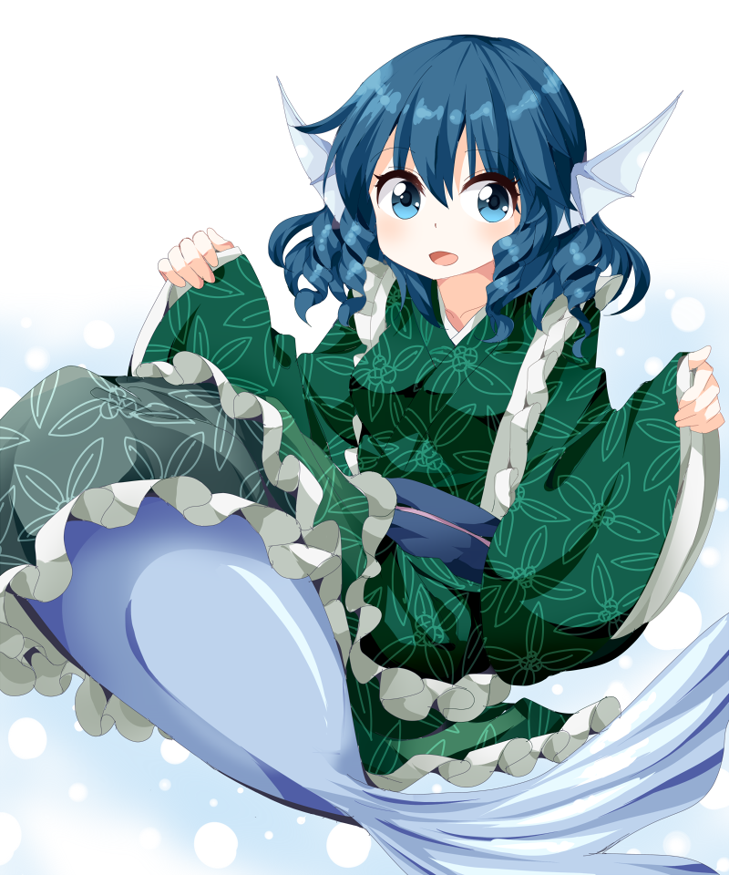1girl, blue_eyes, blue_hair, head_fins, japanese_clothes, mermaid, monster_girl, rakugakiyarou