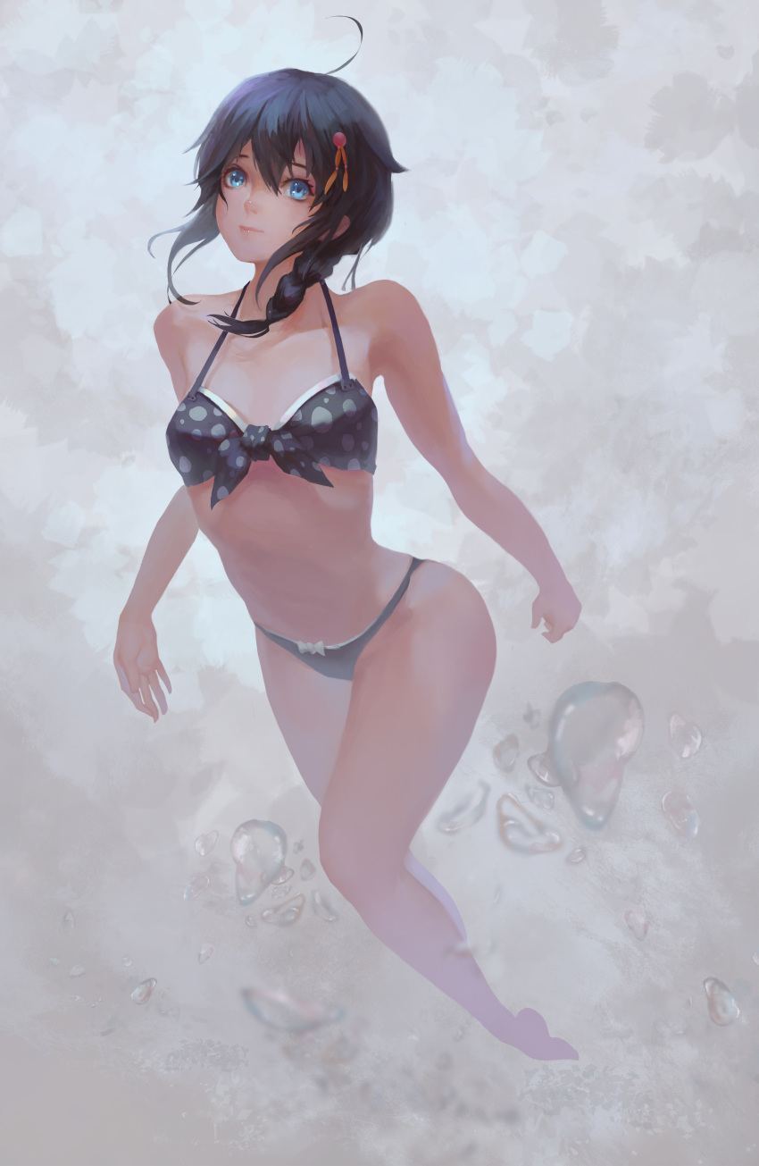 1girl, absurdres, ahoge, bikini, black_hair, blue_eyes, braid, hair_flaps