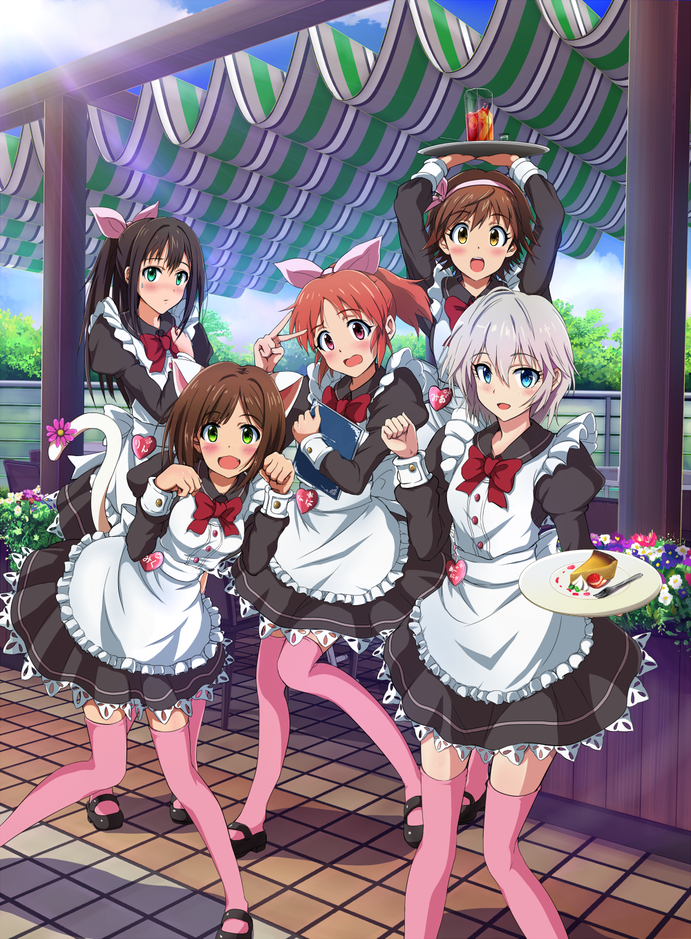 5girls, abe_nana, anastasia_(idolmaster), animal_ears, blue_eyes, blush, brown_eyes, brown_hair, cafe_maid, cat_ears, female, green_eyes, hairband, highres, hina_(araburu-hinadori), honda_mio, idolmaster, idolmaster_cinderella_girls, long_hair, looking_at_viewer, maekawa_miku, maid, multiple_girls, open_mouth, ponytail, shibuya_rin, short_hair, silver_hair, smile, tail, thigh-highs