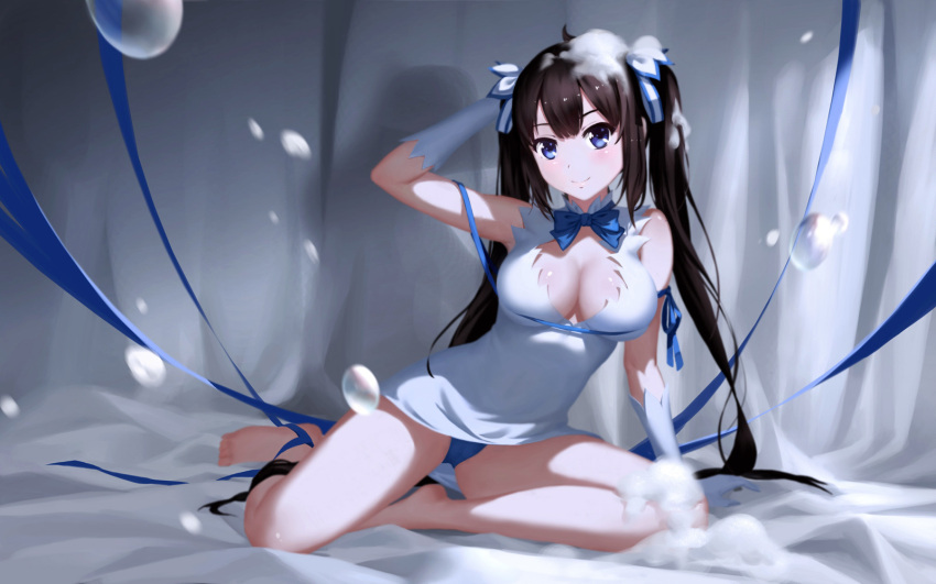 1girl, bare_shoulders, barefoot, black_hair, blue_eyes, blush, bow, breasts, cangkong, cleavage, cleavage_cutout, dress, dungeon_ni_deai_wo_motomeru_no_wa_machigatteiru_darou_ka, gloves, hair_ribbon, hand_behind_head, hestia_(danmachi), highres, large_breasts, long_hair, looking_at_viewer, panties, rei_no_himo, ribbon, sitting, smile, soap_bubbles, solo, twintails, underwear, white_dress, white_gloves