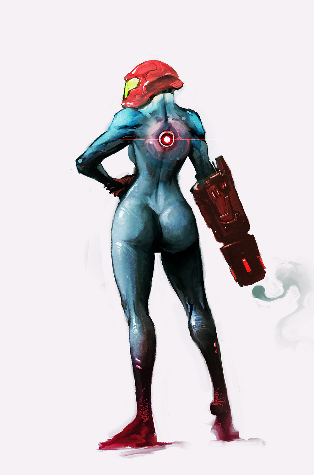 arm_cannon, back, cobaltplasma, helmet, highres, samus_aran, weapon, zero_suit