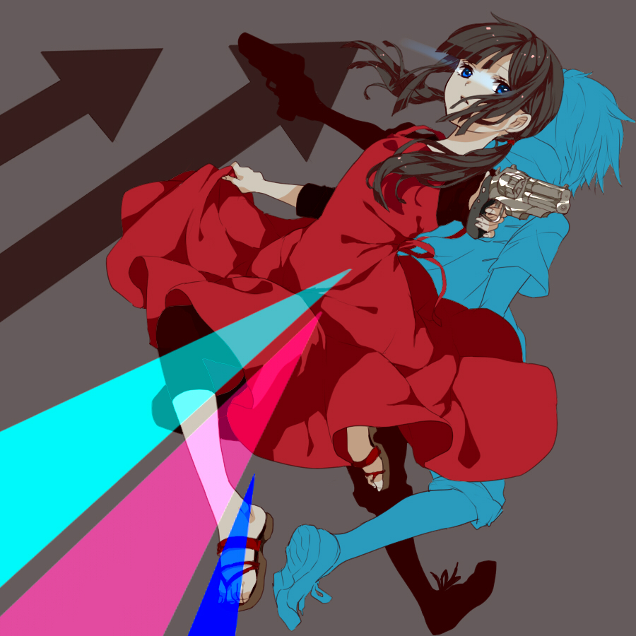 1boy, 1girl, back-to-back, blue_eyes, character_request, dress, glowing, glowing_eyes
