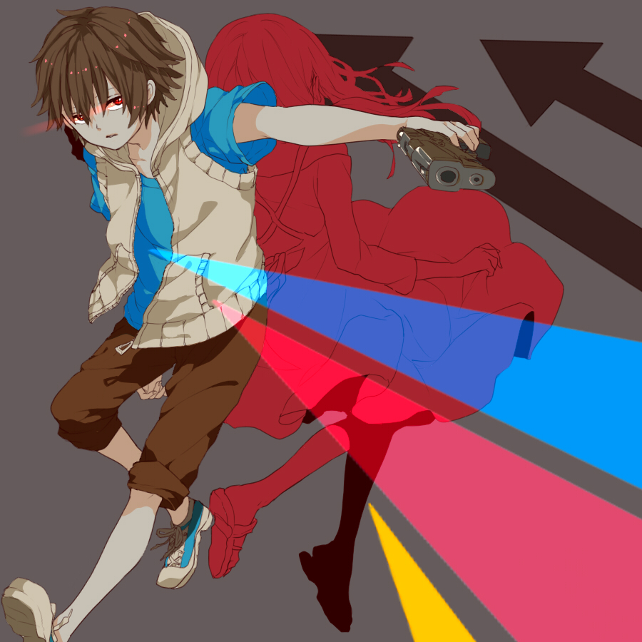 1boy, 1girl, back-to-back, brown_hair, character_request, gun, handgun, hoodie