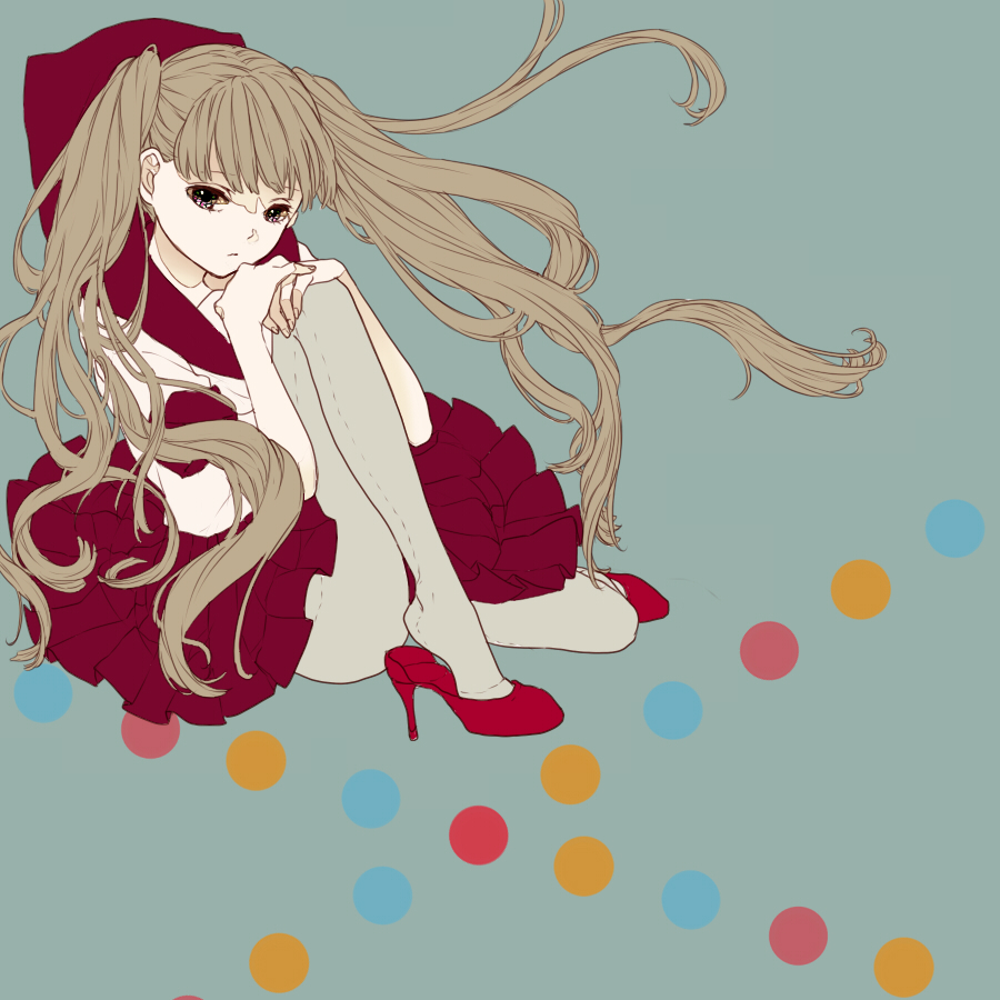 1girl, brown_hair, expressionless, floating_hair, high_heels, leg_hug, long_hair, looking_at_viewer