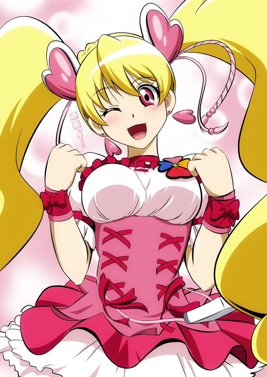 1girl, ;d, blonde_hair, cure_peach, fresh_precure!, fuchi_(nightmare), heart, highres