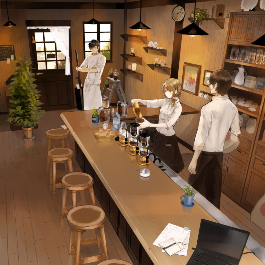 1girl, 2boys, apron, black_hair, brown_hair, cafe, chair, chef