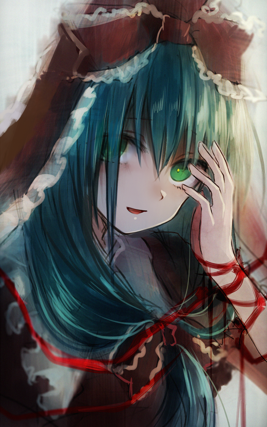 1girl, arm_ribbon, blurry, frills, front_ponytail, green_eyes, green_hair, hair_ornament