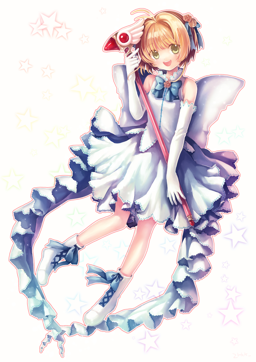1girl, bare_shoulders, brown_hair, cardcaptor_sakura, dress, elbow_gloves, fuuin_no_tsue, gloves