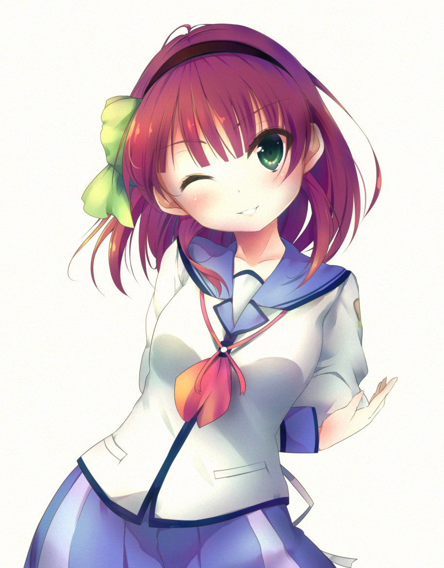 1girl, angel_beats!, green_eyes, hadurin_(zdmzy), hairband, purple_hair, school_uniform, serafuku