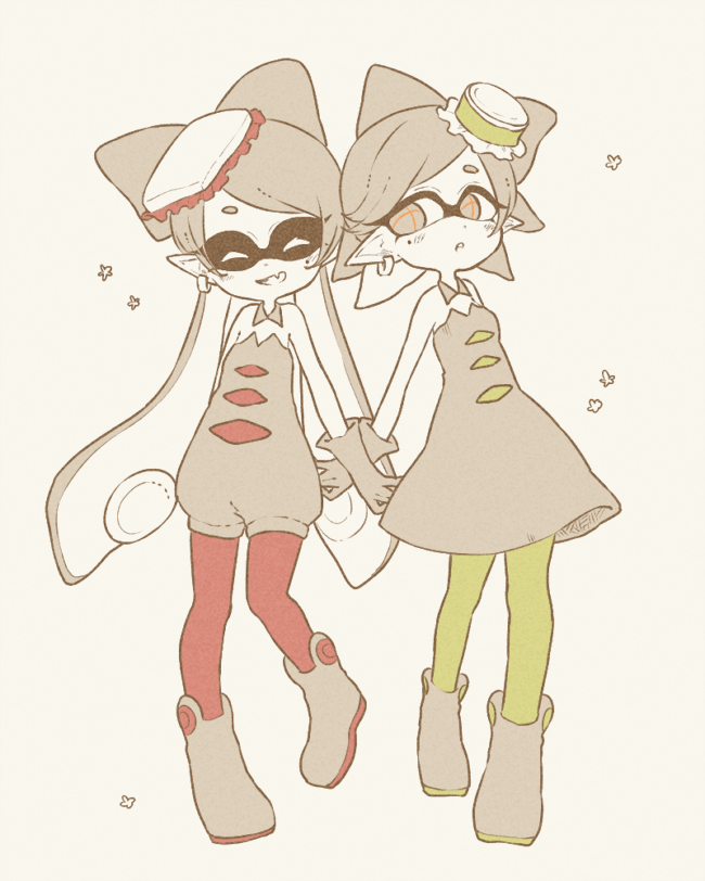 +_+, 2girls, akimiya, callie_(splatoon), detached_collar, dress, food, food_on_head