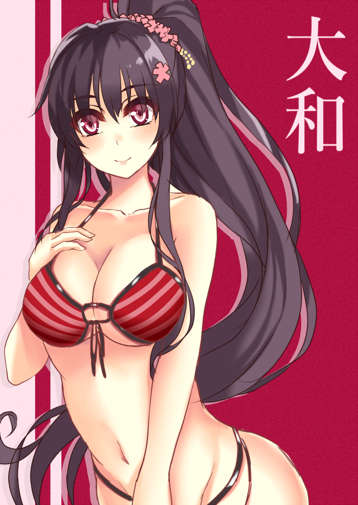 1girl, bikini, brown_hair, clock_(clockart), kantai_collection, long_hair, ponytail, red_eyes