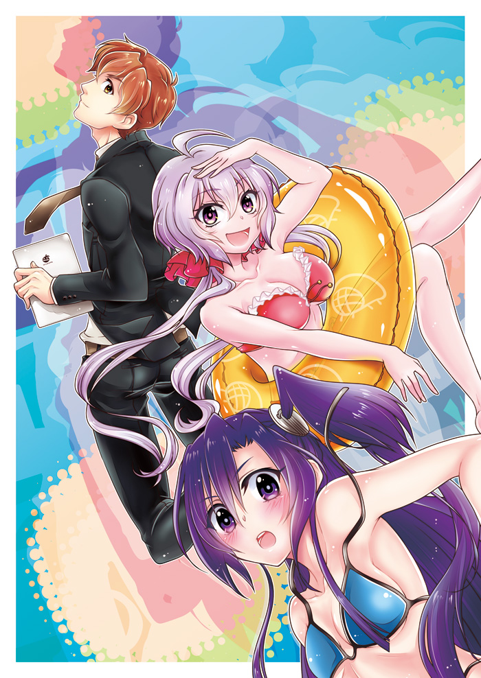 1boy, 2girls, ahoge, belt, bikini, blue_hair, blush, breasts